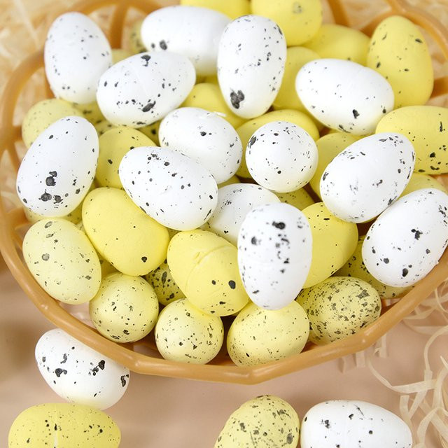 20 Stück Mini-Ostereier von ZQCXLD in Gelb mit Animal-Print als künstliche Wachteleier aus Schaumstoff für deine Oster- und Frühlingsdekoration sowie DIY-Bastelprojekte - Bild 1
