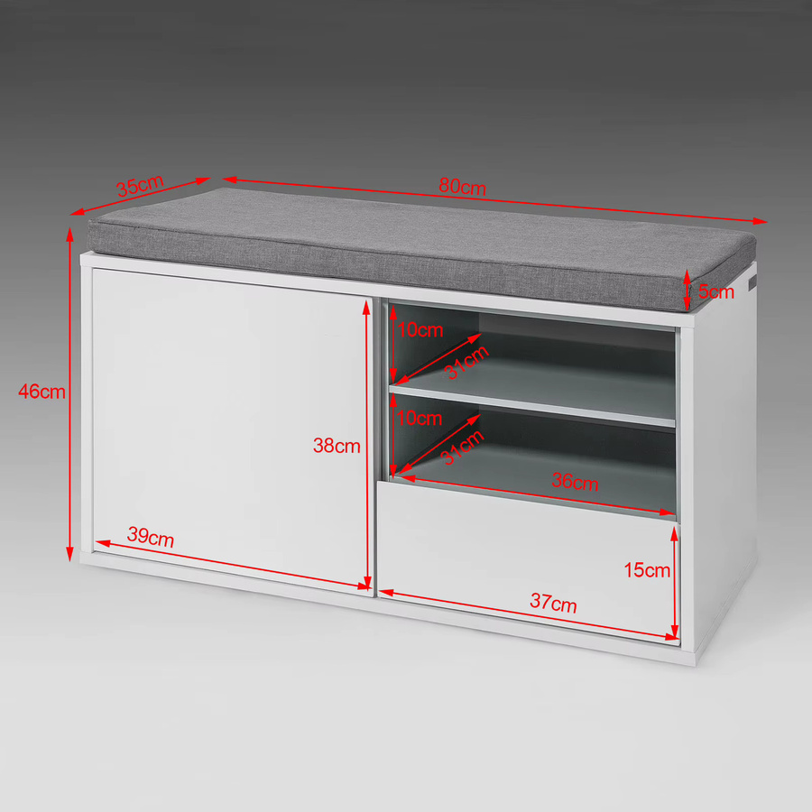SoBuy Schuhbank mit Sitzkissen in Weiß, moderne Garderobenbank und Schuhschrank für Flur und Wohnzimmer, B/T/H: 80 x 35 x 46 cm - Bild 2