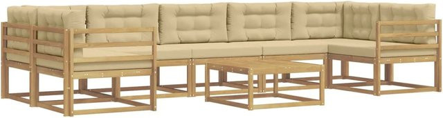 vidaXL Outdoor-Sofagarnitur L-Form aus Akazienholz mit Kissen und Couchtisch in Weiß und Beige - Bild 1