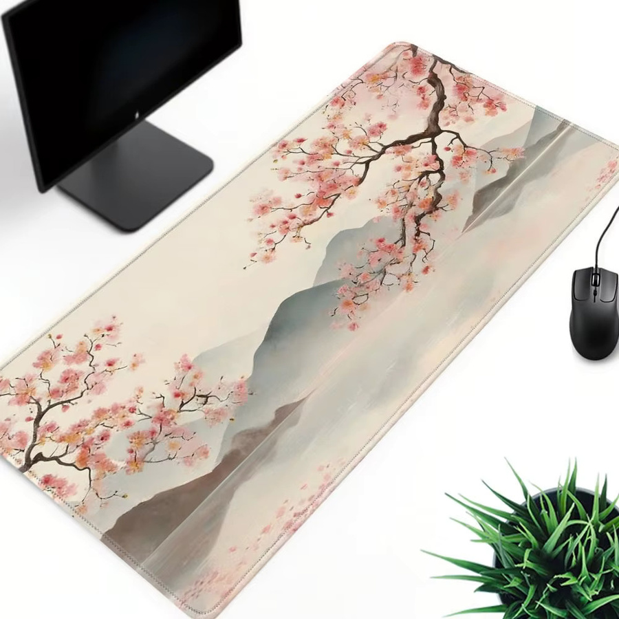 Mairuige Gaming-Mauspad mit Kirschblüten-Landschaftsmalerei in Pink und Multicolour, rutschfeste Schreibtischunterlage für Maus und Tastatur - Bild 2