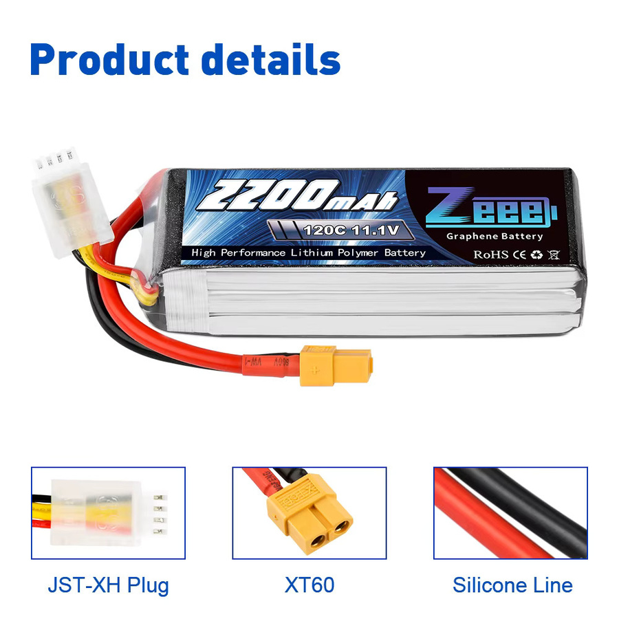 Zeee 3S LiPo Akku Set mit 2200mAh, 11,1V und 120C sowie XT60 Stecker für FPV Drohnen, Flugzeuge und RC Modelle - Bild 2