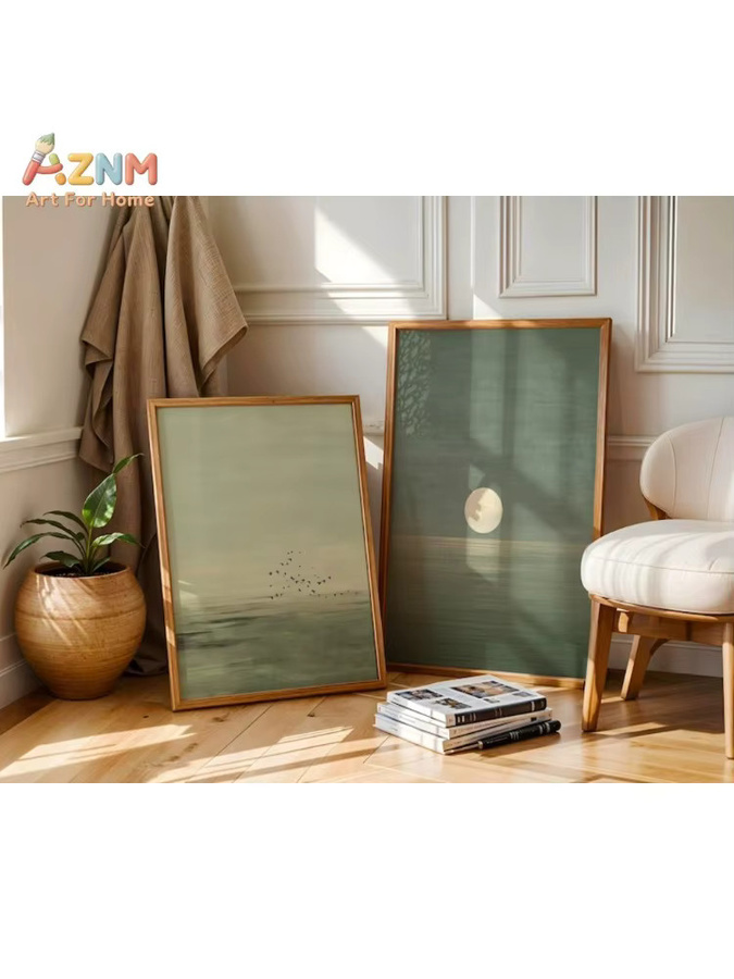 AZNM Leinwanddruck im Japandi-Stil mit Mond-Vogel-Wasser-Szene, Salbeigrün, minimalistische Landschaftswandkunst für dein Wohnzimmer oder Schlafzimmer - Bild 3