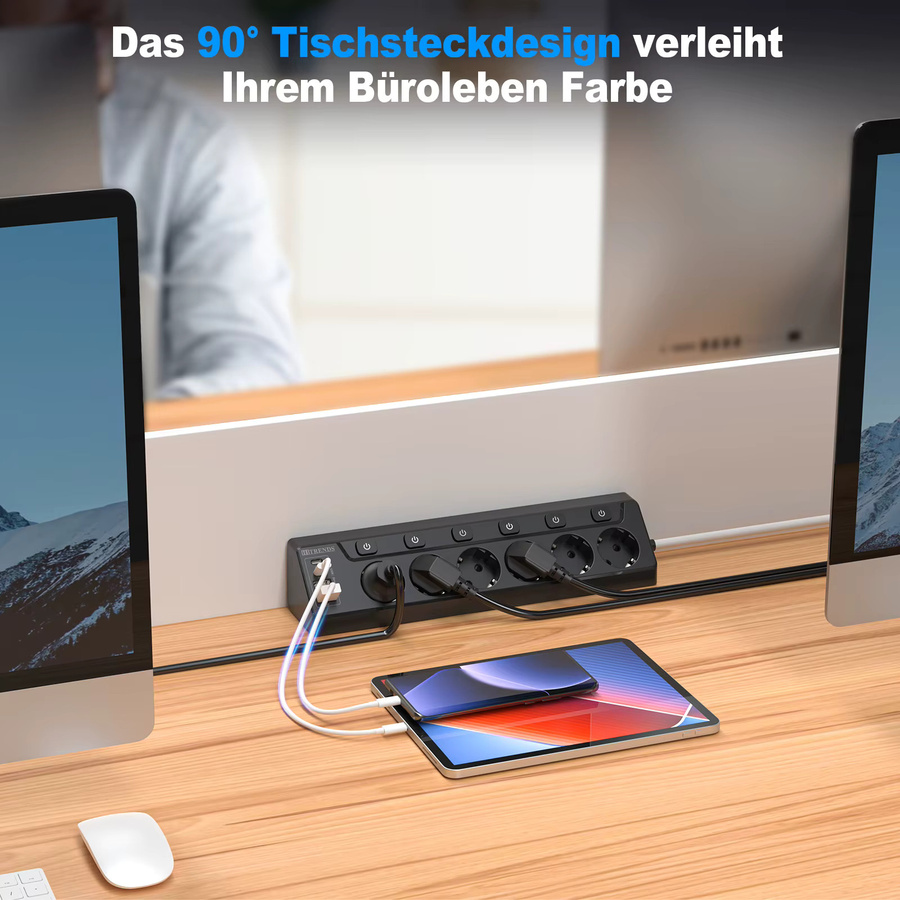 HITRENDS 6-Wege-Eck-Steckdosenleiste in Schwarz mit 2 USB-C Anschlüssen und 2 m Kabel - Bild 5