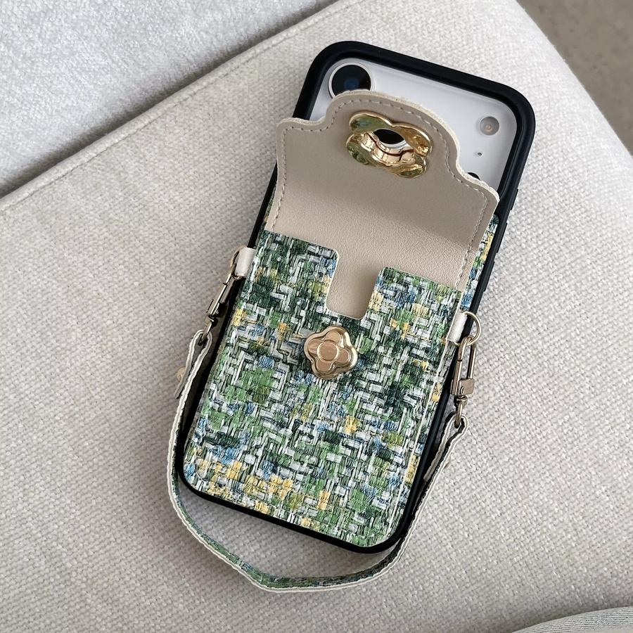 Buntes kariertes Lanyard mit Geldbörsen-Kartenhalter als Handyhülle für iPhone 17 Pro Max 16e 15 Plus 14 13 12 11 in Multicolour und Orange - Bild 1