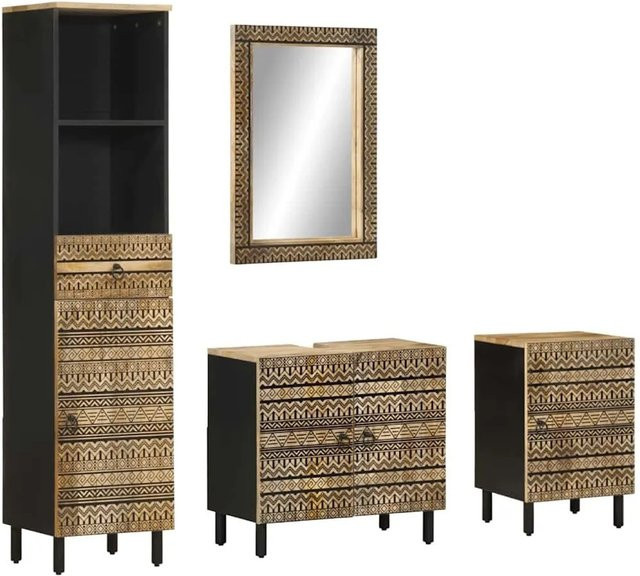 vidaXL 4-tlg Badmöbel-Set aus Massivholz Mango in Braun/Schwarz mit Waschtischunterschrank und Aufbewahrungsmöglichkeiten, B/T/H: 160 x 62 x 33 cm - Bild 1