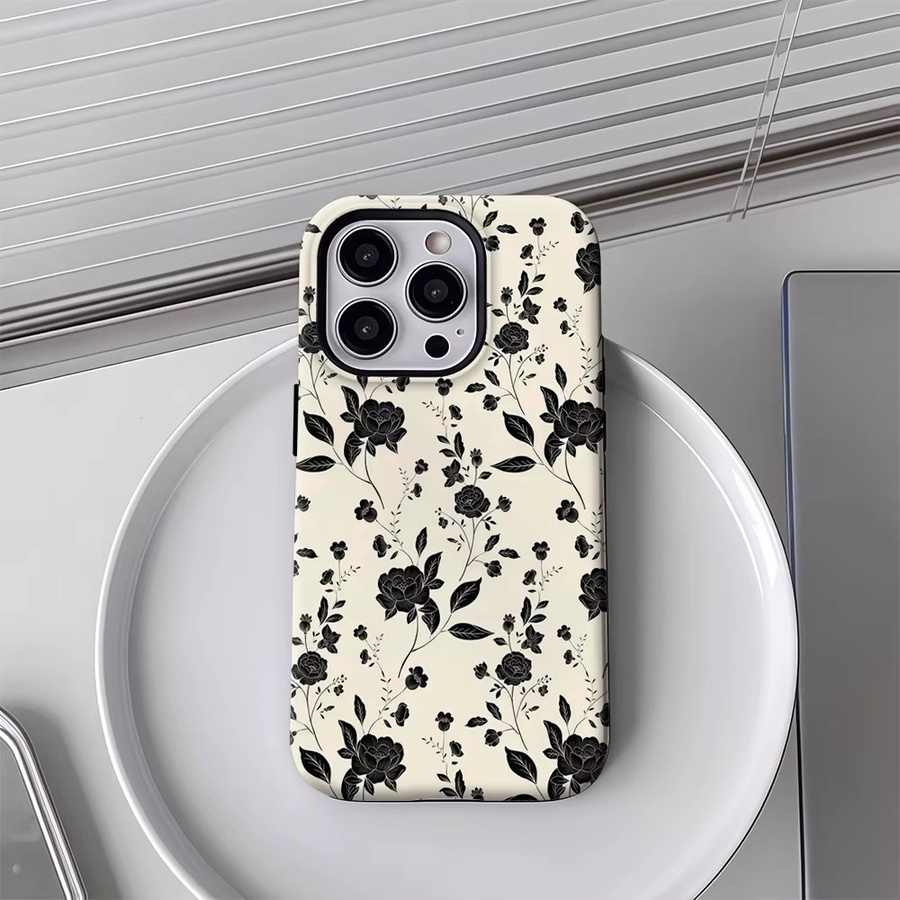 Potdemiel Vintage-Handyhülle mit schwarzem Blumenmuster für iPhone 17 16 15 14 13 12 Pro Max Plus mit doppellagiger Rückseite in Schwarz und Multicolour - Bild 4