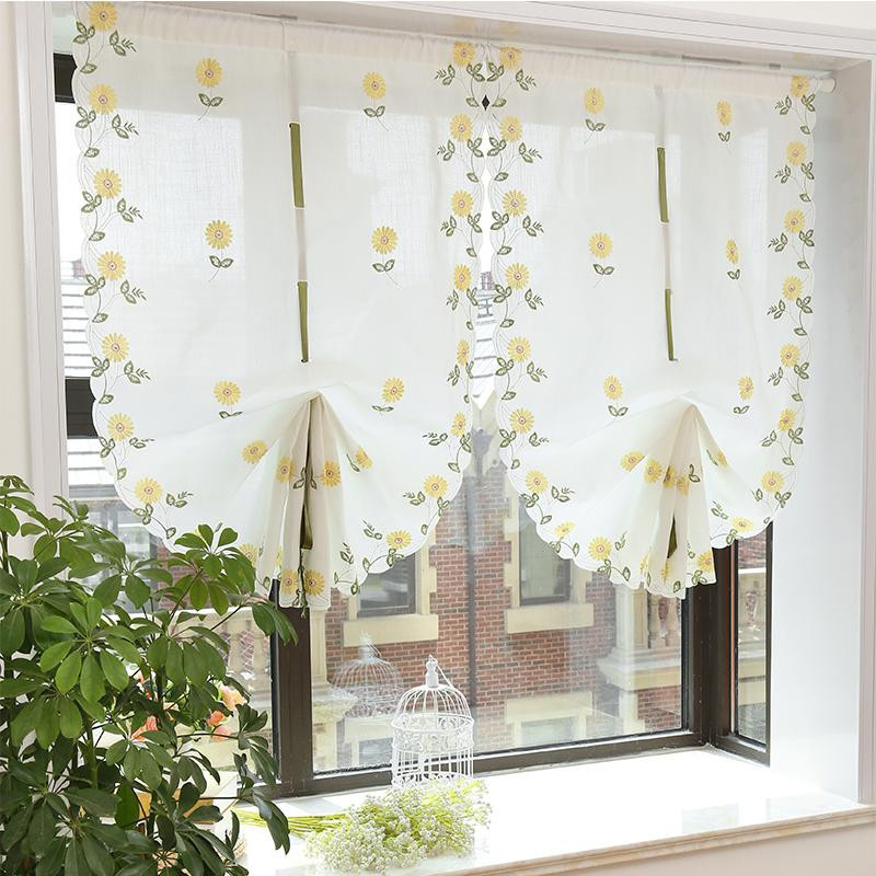 Fanda Küchenvorhang mit Gänseblümchen-Stickerei aus Organza in Gelb, B: 65 cm, H: 115 cm - Bild 1