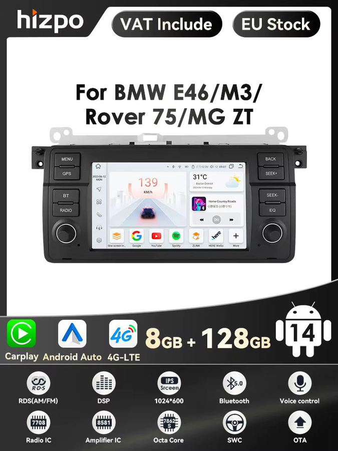 HIZPO 7 Zoll 2 DIN Android Auto Multimedia-Player mit GPS für BMW E46 M3 316 318 320 323 325 328 330 335 und Rover 75 Coupé, Schwarz - Bild 1