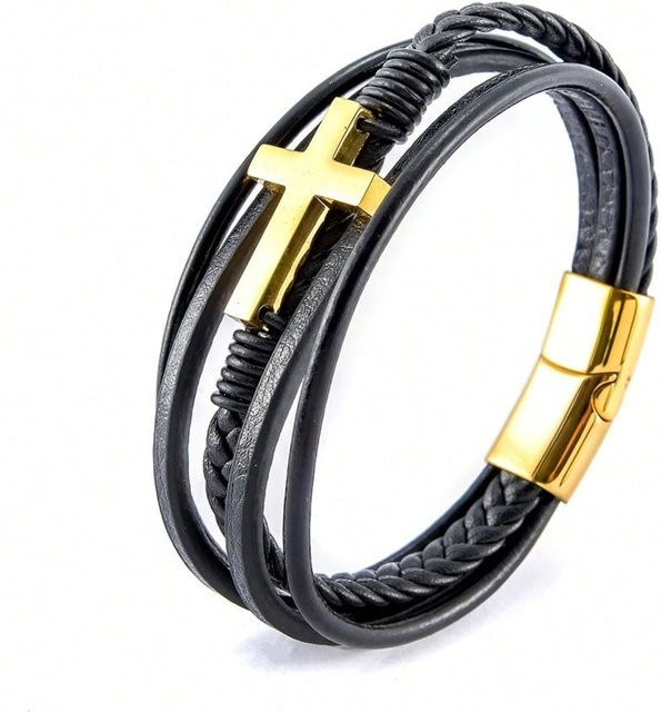 XYNN Armband, Edelstahl, geflochtenes Leder, Gold, Herren, 23cm - Bild 1