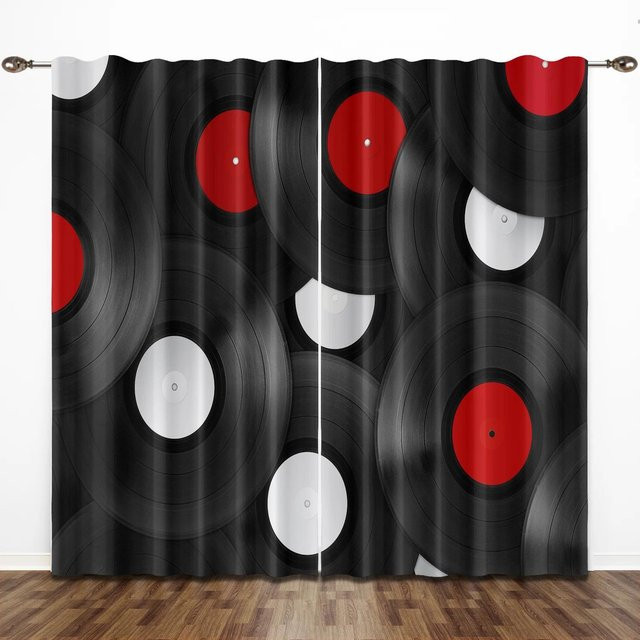 2er-Set bunte Fenstergardinen im Vintage-Stil mit klassischem Musik- und Schallplatten-Motiv, lichtfilternd und halbtransparent, B/H: 100 x 160 cm - Bild 1