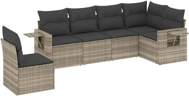 vidaXL 6-tlg. Garten-Sofagarnitur in L-Form mit Kissen und Ottoman, Hellgrau, Poly Rattan und Metallrahmen - Bild 1