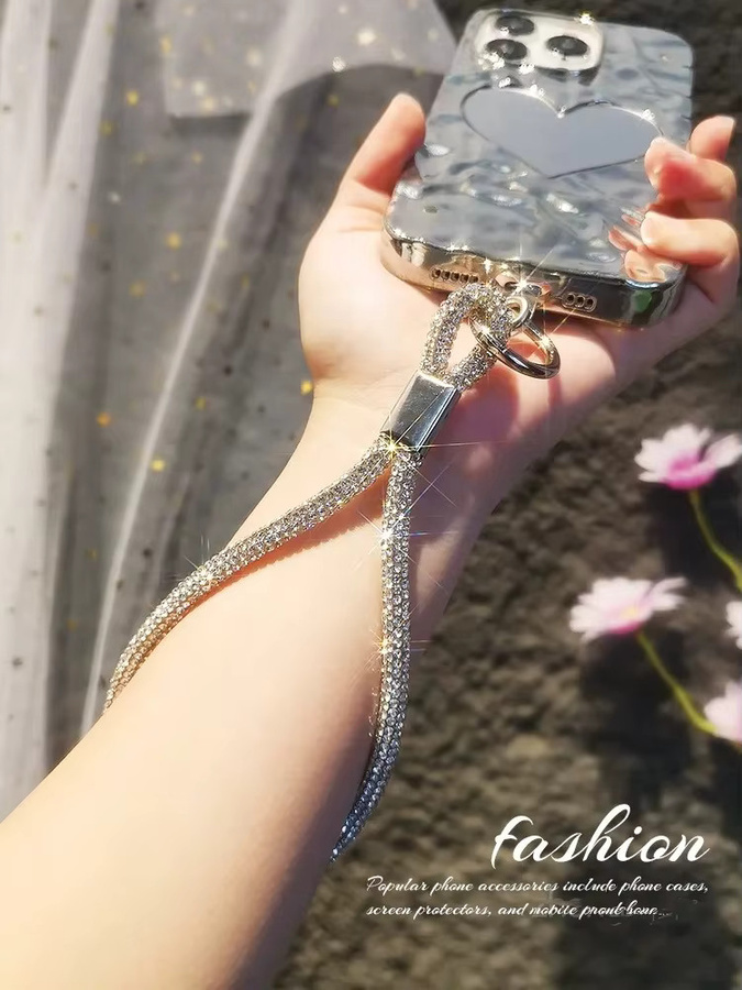 WSSHE Glitter Telefon Lanyard mit Kristall-Handgelenkband und Schlüsselbund in Schwarz und Silber - Bild 2