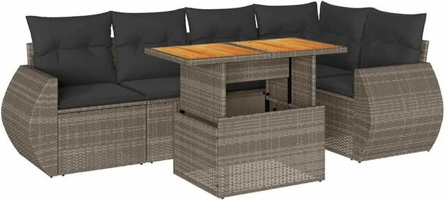 vidaXL 6-teilige Garten-Sofagarnitur in L-Form aus grauem Poly-Rattan mit Kissen und Akazienholz - Bild 1