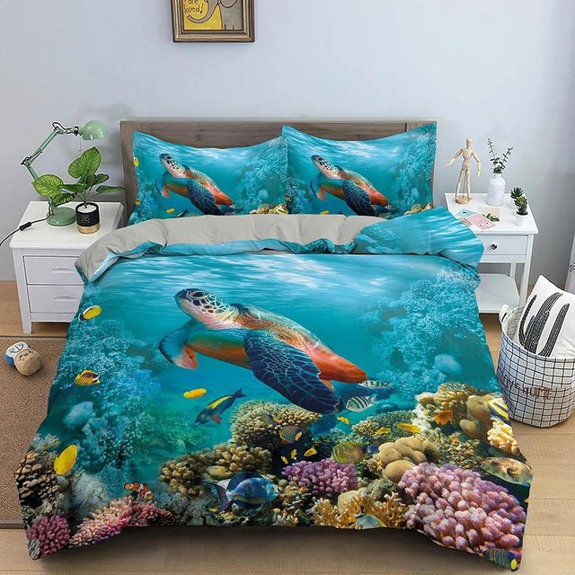 Bettwäsche Set mit 3D Meeresschildkröten Motiv von Your Warm Home in Blau, bestehend aus Bettbezug und Kissenbezügen aus Polyester, B/H: 200 x 200 cm - Bild 1