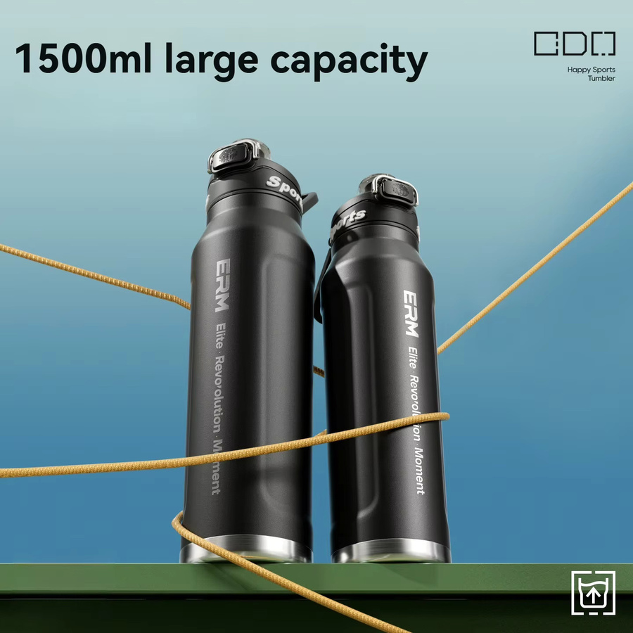 ERM Isolierte Edelstahl-Wasserflasche mit Griff für Sport und Outdoor in Silber und Schwarz - Bild 3