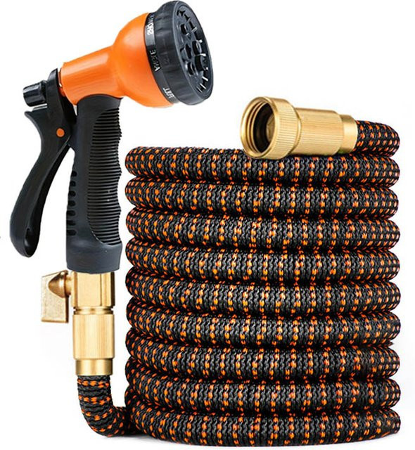 FLOWERS SPRAL 3-fach ausziehbarer magischer Gartenschlauch, flexibler Hochdruck-Wasserschlauch für Blumenbewässerung und Autowäsche, Schwarz-Orange - Bild 1