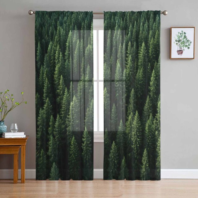 Super Six Chiffon-Fenstervorhang Waldbaum Herbst in Grün, transparent, B: 135 cm, H: 160 cm - Bild 1