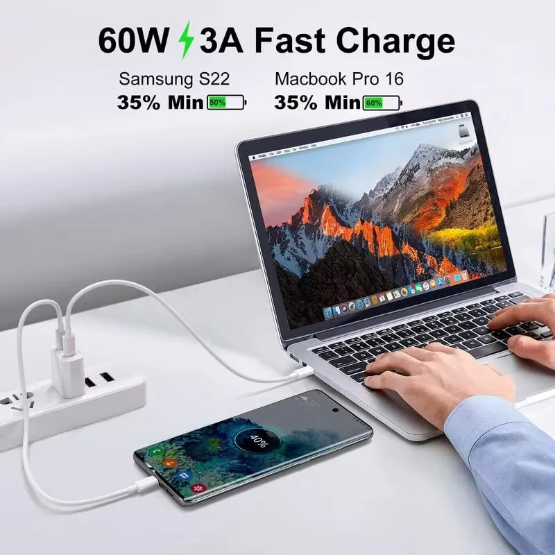 Doppel Kopf USB C Kabel PD 60W Schnellladekabel Dual Typ-C Ladegerät in Weiß - Bild 2