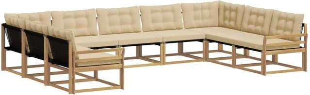 vidaXL Outdoor-Sofagarnitur 9-teilig in U-Form aus Akazienholz mit Textilene-Bezug und Kissen in Weiß und Beige - Bild 1