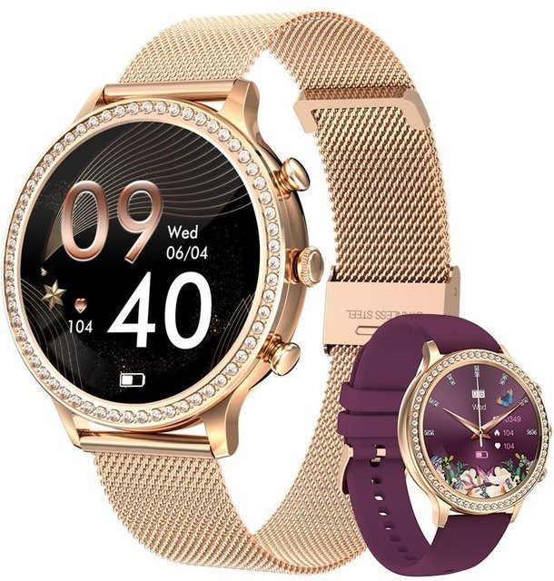 LIGE Smartwatch für Damen und Herren mit Bluetooth Anruffunktion, Blutdruckmessung und Wasserdichtigkeit in Claret/Gold mit Mesh- und Silikonarmband - Bild 1