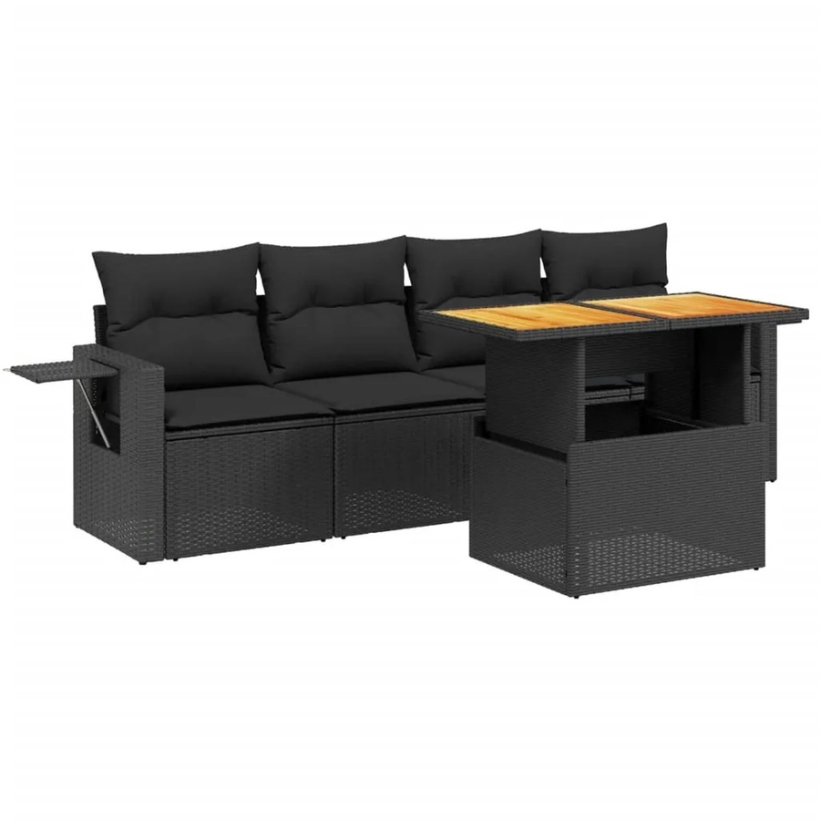 vidaXL 5-tlg. Garten-Sofagarnitur aus Poly-Rattan und Akazienholz in Schwarz mit Kissen und Tisch - Bild 2