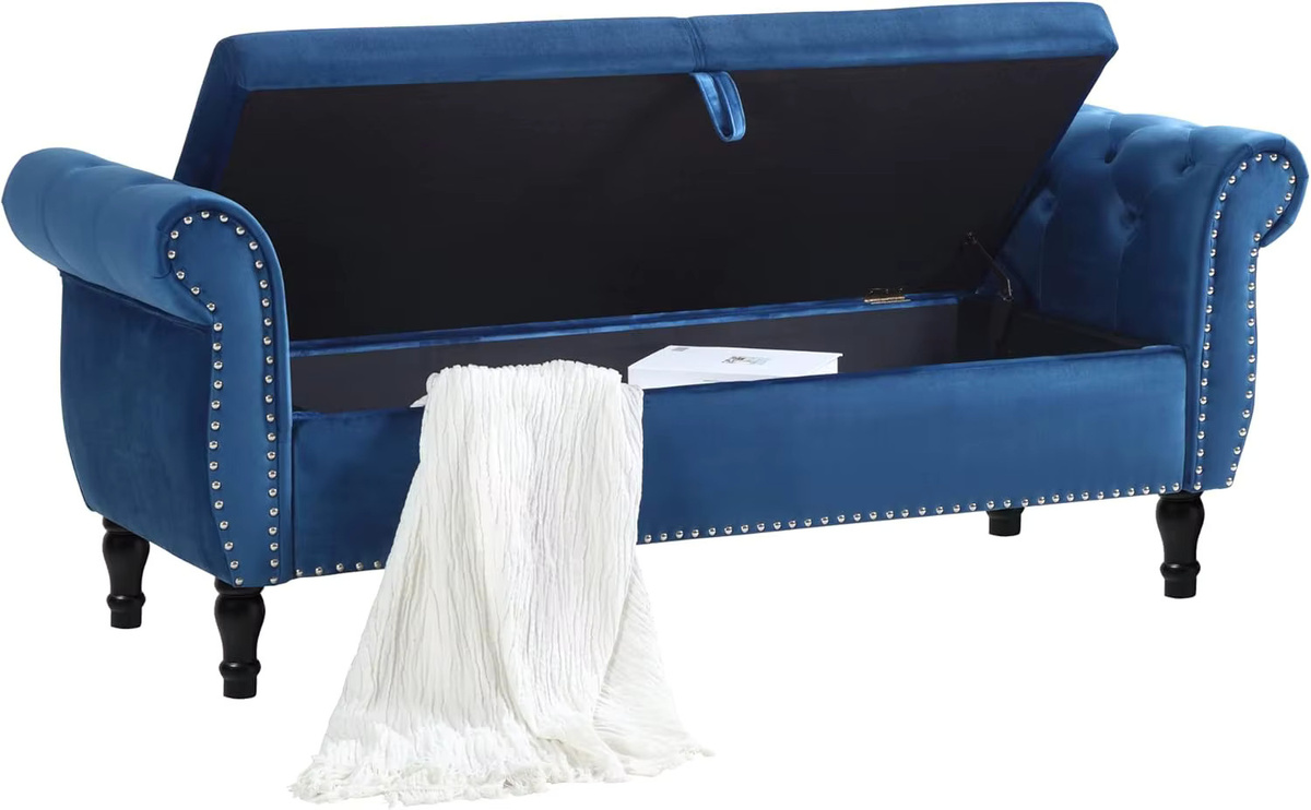 Homfa Samt-Aufbewahrungsbank mit Armlehnen und Chesterfield-Polsterung, gepolsterte Ottoman-Bank für Schlafzimmer und Wohnzimmer in Weiß oder Blau - Bild 2