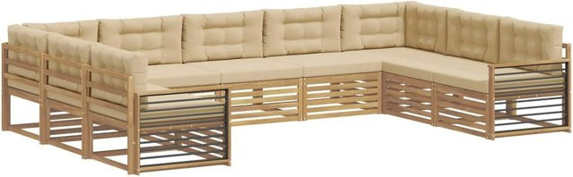 vidaXL Outdoor-Sofagarnitur 9-teilig aus Akazie Massivholz in Weiß und Beige mit L-Form und Polstern - Bild 1