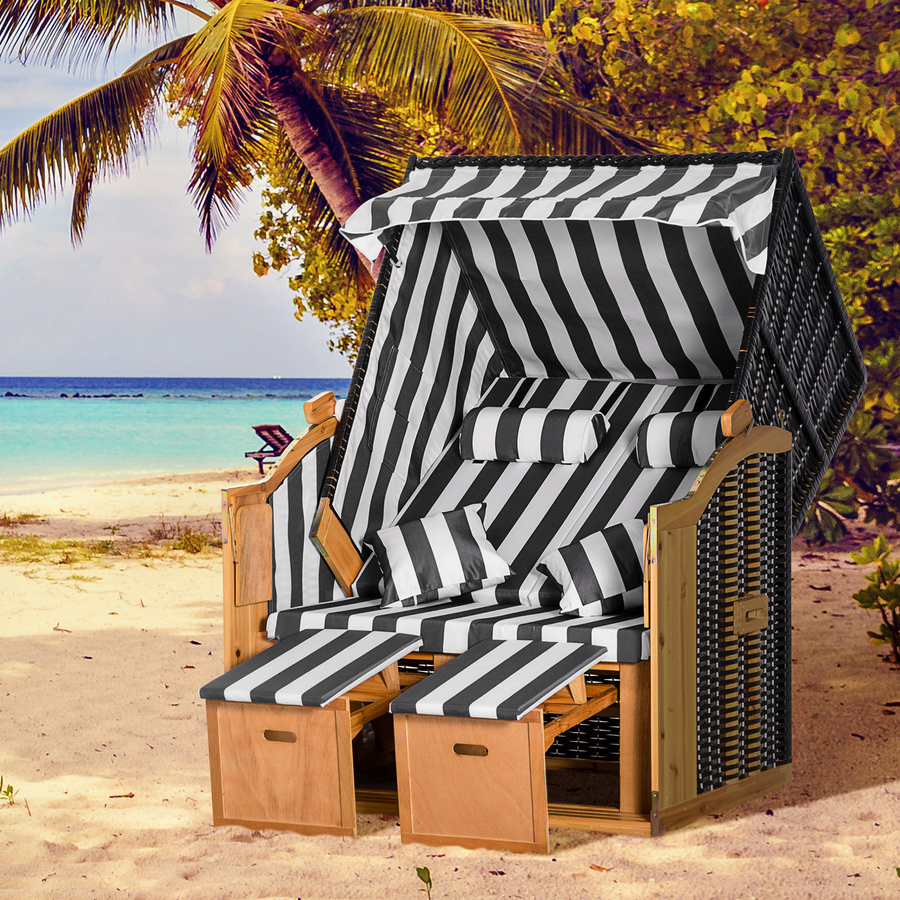 Outsunny Strandkorb Doppelliege mit Dach und Getränkehalter aus PE-Rattan in Grau Weiß für Garten und Terrasse, B/T/H: 118 x 79 x 160 cm - Bild 2