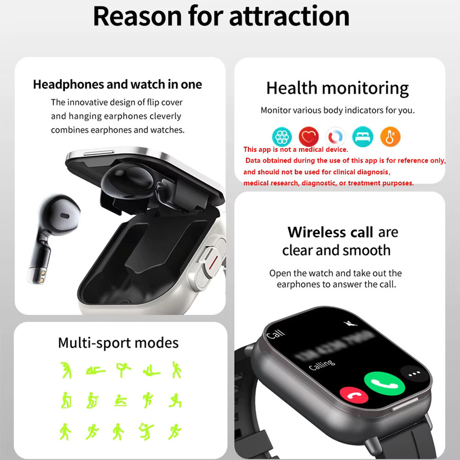 CHAONB 2-in-1 Smartwatch und TWS Bluetooth Headset mit Anruffunktion und Gesundheitsüberwachung in Schwarz oder Silber - Bild 5