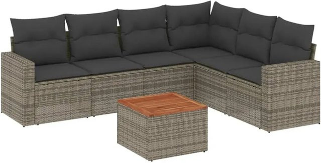 vidaXL 7-tlg. Garten-Sofagarnitur in L-Form aus grauem Poly-Rattan mit Kissen und pulverbeschichtetem Stahlgestell - Bild 1