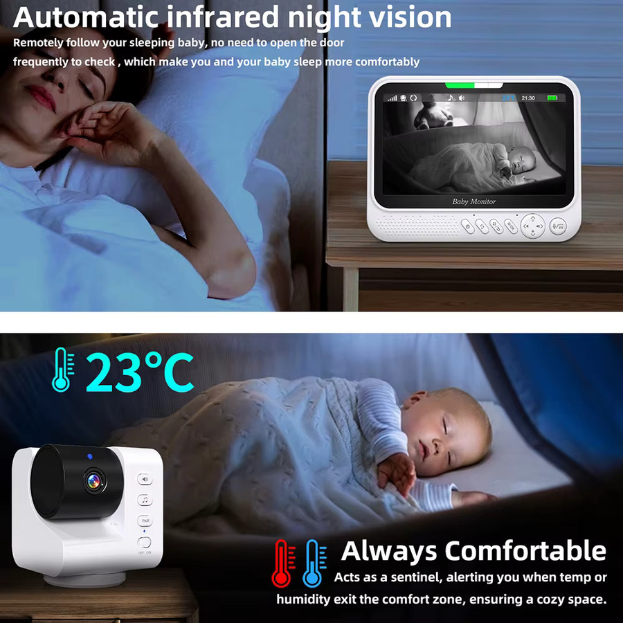 Cdycam Video-Babyphone mit 7-Zoll-Bildschirm, 720P Auflösung, Nachtsicht, Zwei-Wege-Audio und 5000 mAh Akku, Weiß - Bild 3