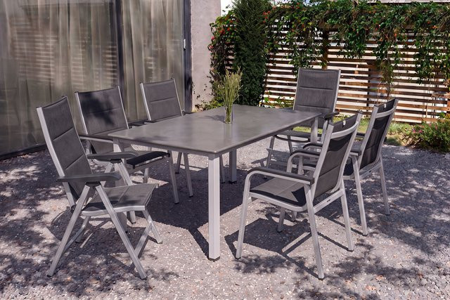 Kettler Cubic/ Basic Plus Padded Garten-Essgruppe aus Aluminium und Textilene in Silber/Anthrazit mit Tisch und 6 gepolsterten Stühlen, Tisch Breite: 160 cm, Tiefe: 90 cm - Bild 1
