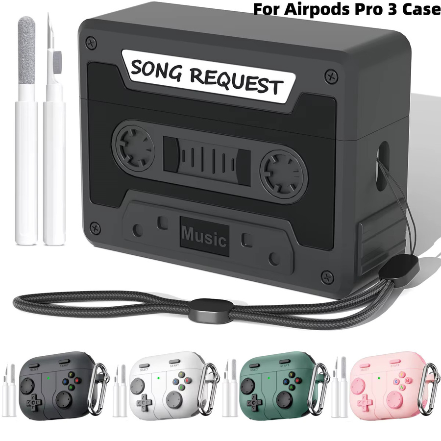 Silikonhülle im Tape Design für Apple AirPods Pro 3 mit Reinigungsset und Schlüsselanhänger in Pink und Weiß - Bild 2