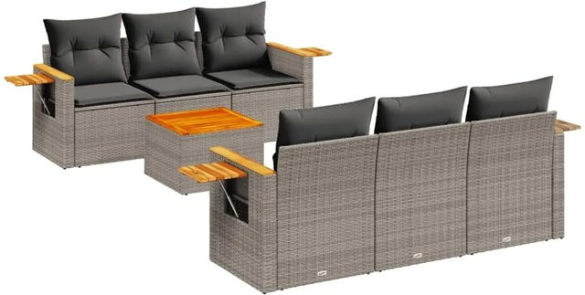 vidaXL 7-teilige Garten-Sofagarnitur in L-Form aus grauem PE-Rattan mit Akazienholz und Kissen - Bild 1