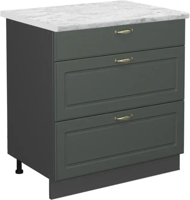 Vicco Küchenunterschrank Fame-Line Landhaus Stil in Grün-Gold und Anthrazit mit 3 Soft-Close Schubladen und Marmor-Optik, Breite: 80 cm - Bild 1