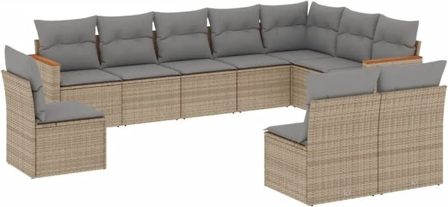 vidaXL 10-tlg. Garten-Sofagarnitur aus Poly-Rattan und Akazienholz in Beige mit Kissen und Stauraum - Bild 1