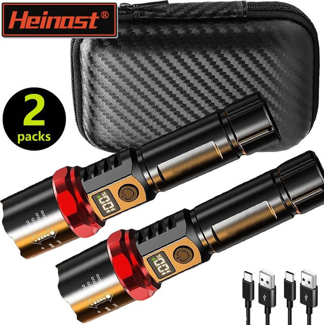 Heinast LED-Taschenlampe mit Display, wiederaufladbare Aluminium-Taschenlampe mit Teleskop-Zoom in Schwarz - Bild 1