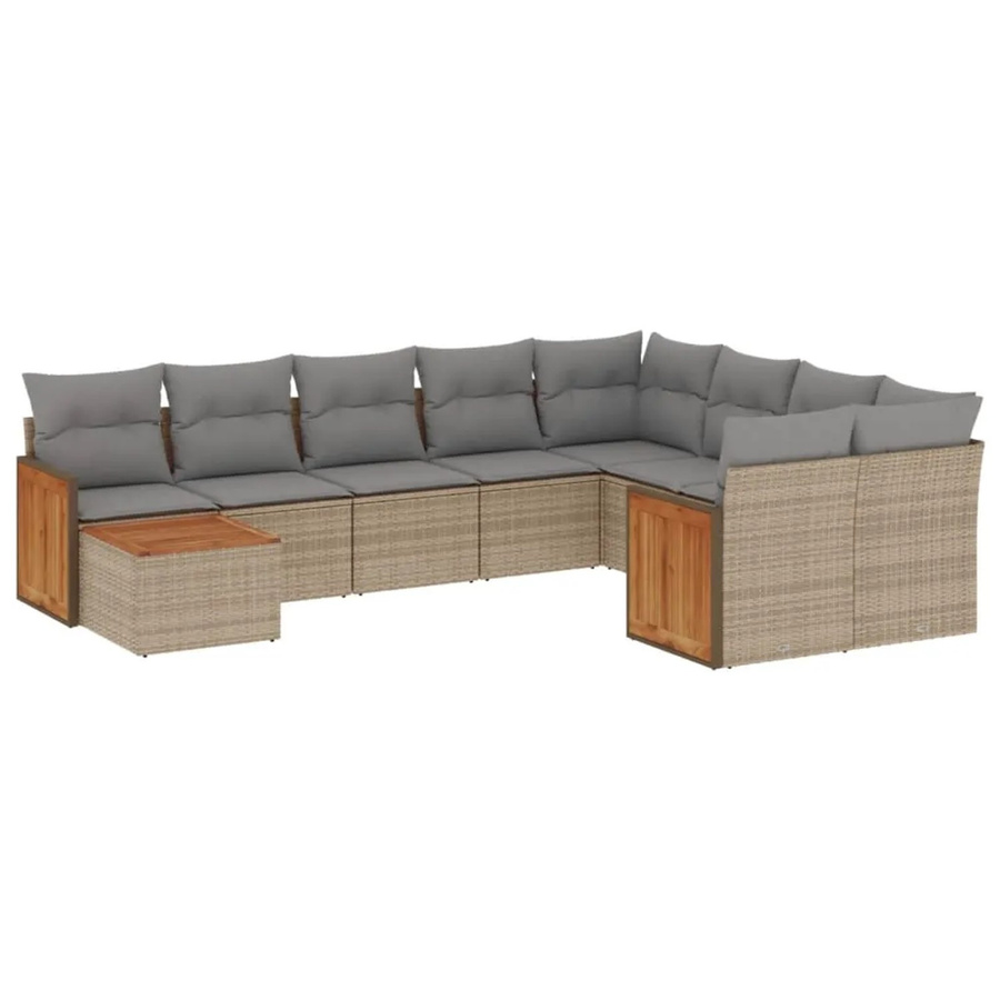 vidaXL 10-tlg. Garten-Sofagarnitur in L-Form aus Polyrattan und Akazienholz mit Kissen in Beige-Grau - Bild 2