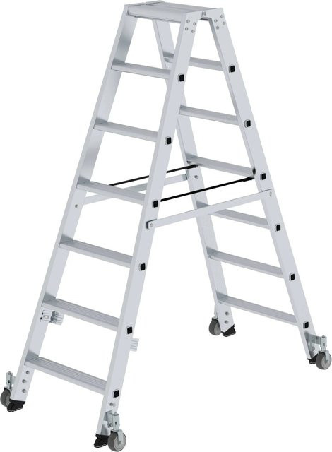 PROREGAL Stufen-Stehleiter beidseitig begehbar mit Rollen in Silber, 2 x 7 Stufen - Bild 1