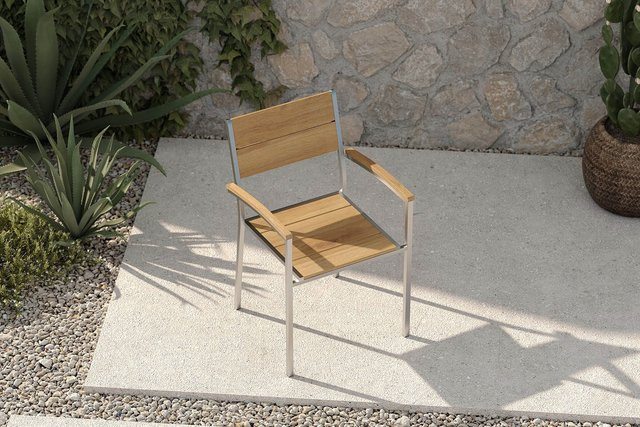 OUTFLEXX Stapelstuhl aus Edelstahl und Teakholz in Silber/Naturbelassen, gebürstet, FSC-zertifiziert - Bild 1
