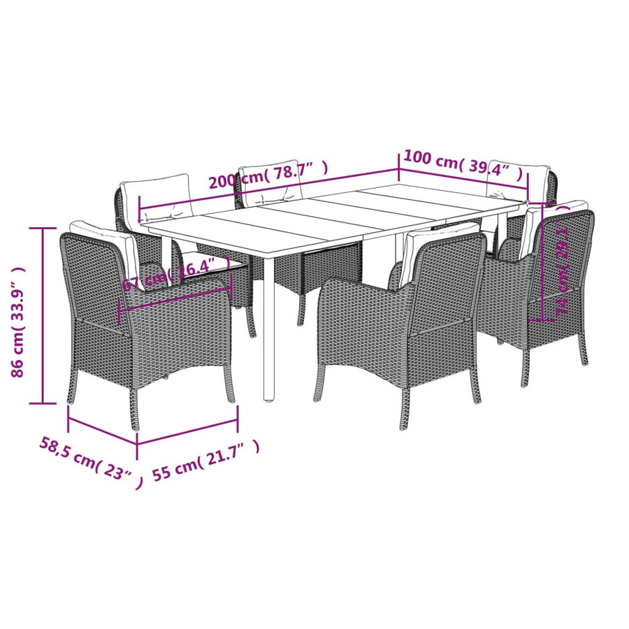 vidaXL 7-teilige Garten-Essgruppe aus Poly Rattan mit Kissen in Beige und Tisch mit Hartglasplatte - Bild 3