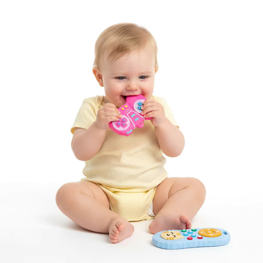 2er-Pack Realistische Knopf-Beißringe aus Silikon für Babys ab 0 Jahren, Sensorisches Beißspielzeug zur Linderung von Zahnfleischbeschwerden, Farben: Rosa, Blau und Bunt - Bild 4