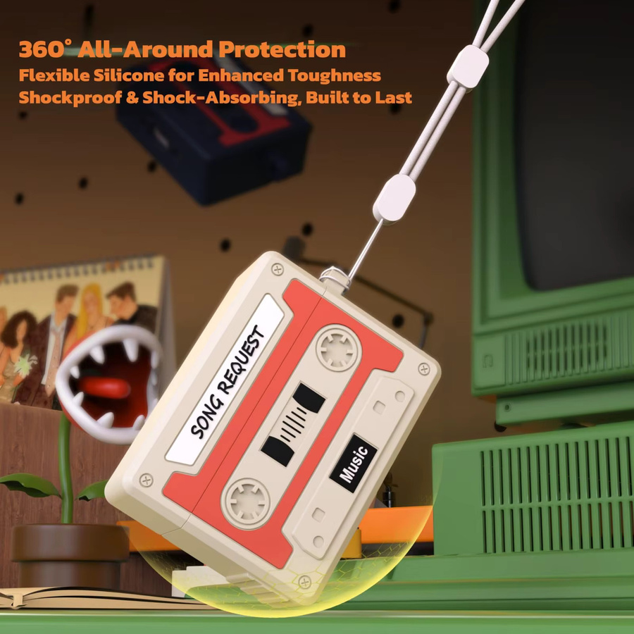 Retro-Kassettenhülle für AirPods Pro 3 (2025) aus weichem Silikon mit Seil, stoßfeste Schutzhülle in Grau und Multicolour - Bild 3