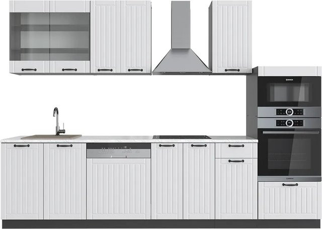 Vicco Fame-Line Küchenzeile im Landhausstil in Weiß und Anthrazit mit Hochschrank und Marmor-Arbeitsplatte, Breite: 300 cm - Bild 1