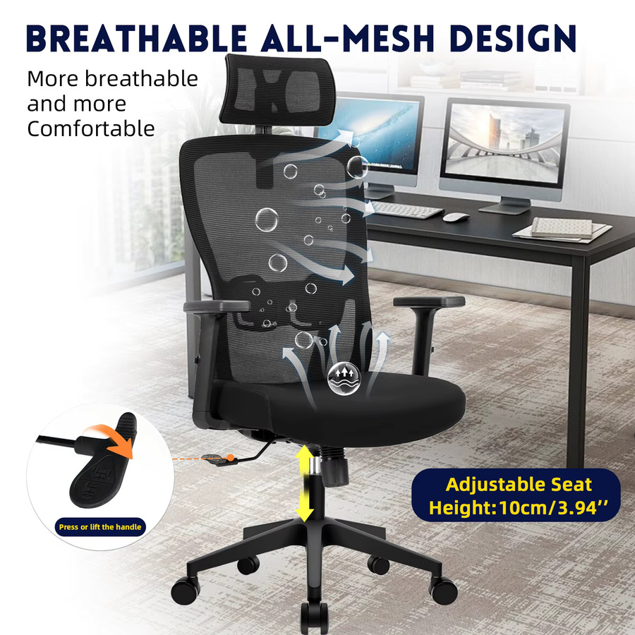 Ergonomischer Bürostuhl Durrafy in Schwarz mit Netzrücken, verstellbarer Kopfstütze und Lendenwirbelstütze für dein Home-Office - Bild 3