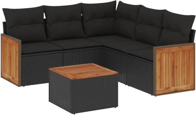 vidaXL 6-tlg Garten-Sofagarnitur in L-Form aus Polyrattan und Akazienholz mit Kissen, Schwarz - Bild 1