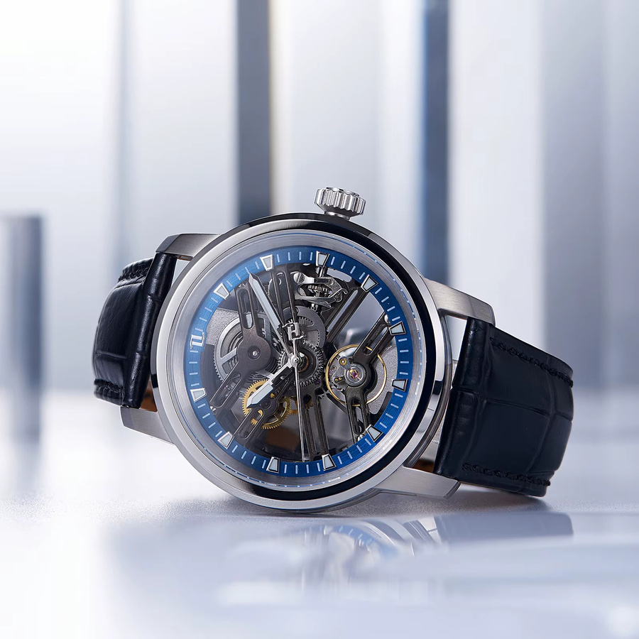 OBLVLO Armbanduhr Automatik, Edelstahl, Blau, Leder, Herren - Bild 6