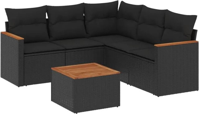 vidaXL 6-teilige Garten-Sofagarnitur in L-Form aus schwarzem Poly-Rattan mit Kissen und pulverbeschichtetem Stahlgestell - Bild 1