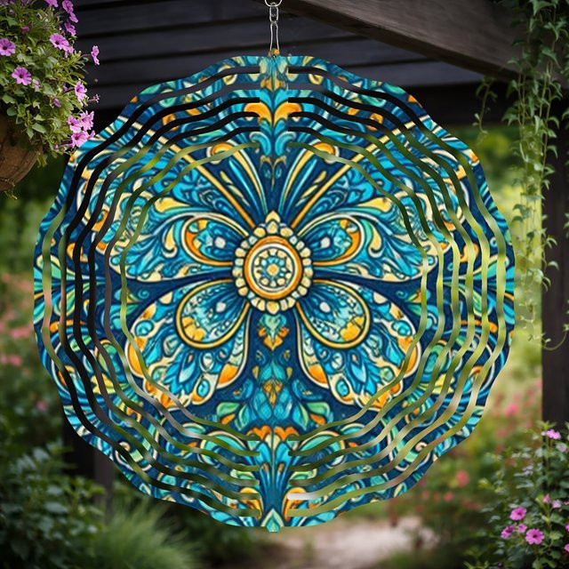 CIFBUY Böhmisches Mandala-Windspiel aus Metall mit blauem Blumenmuster für Garten und Terrasse - Bild 1