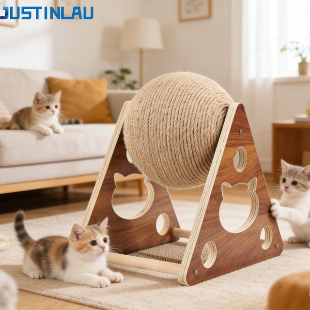 JUSTINLAU Kratzbaum aus Holz in Braun mit Sisalseil, Kratzball und Kratzpfosten als Katzenspielzeug - Bild 1